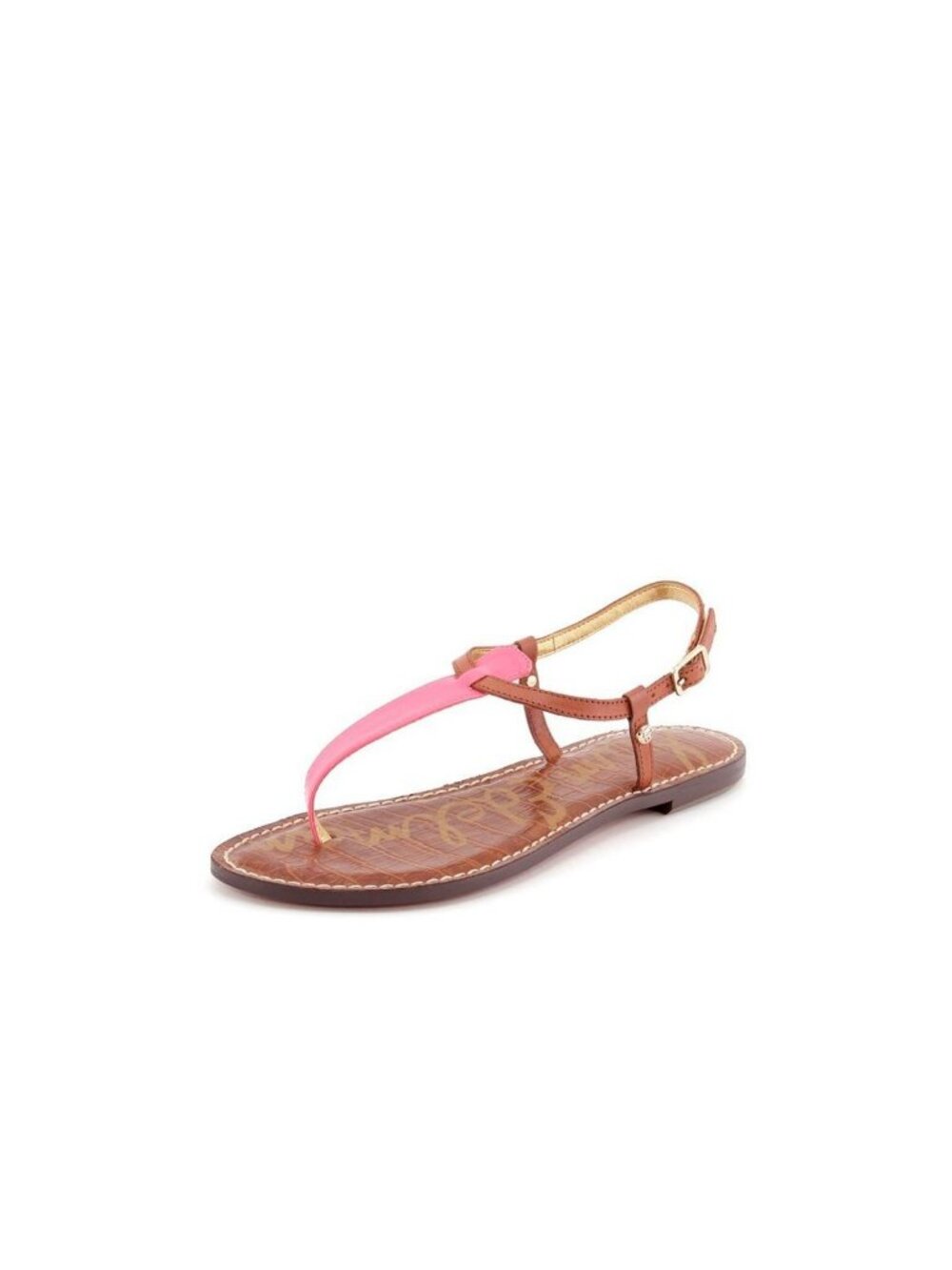 Sam Edelman Gigi Coral Pink Saddle Brown T-Strap Thong Sandal Like New 9.5